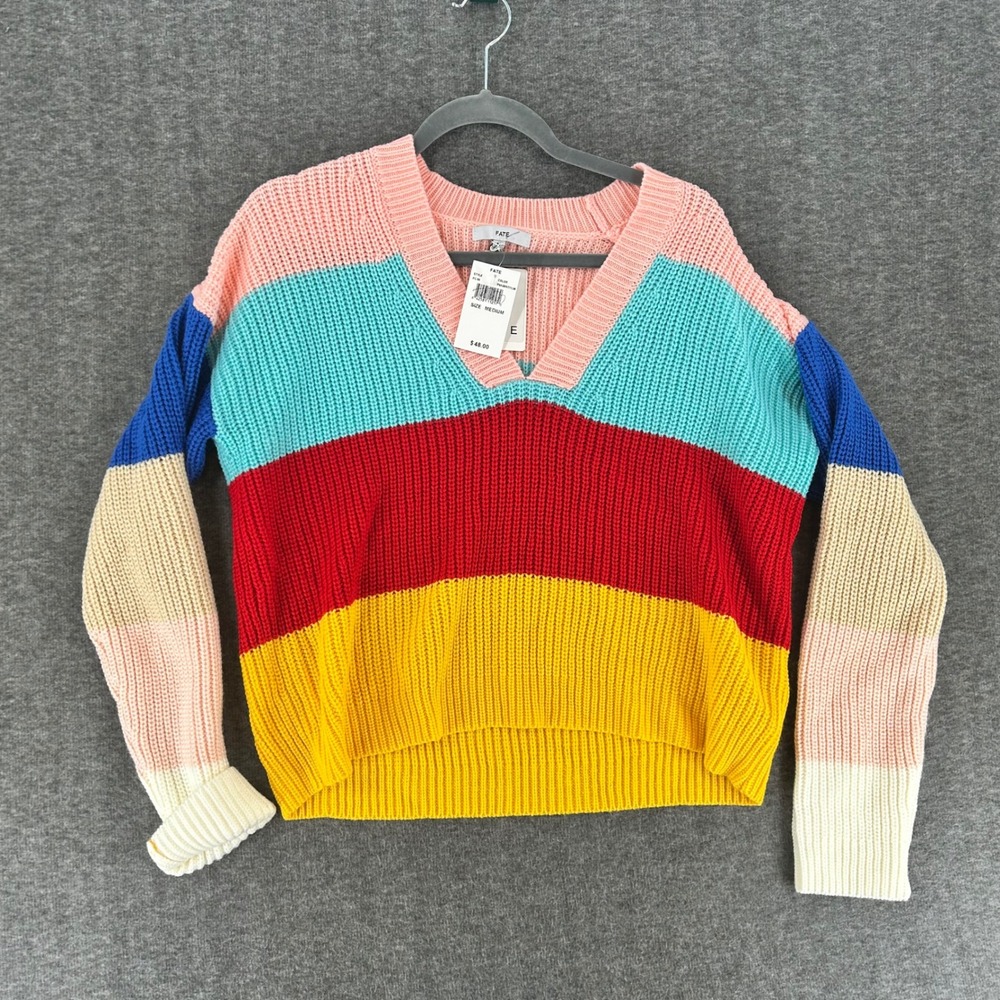 Fate Colorblock Shaker Knit Sweater Pink Mint Yellow V-Neck Striped Womens M